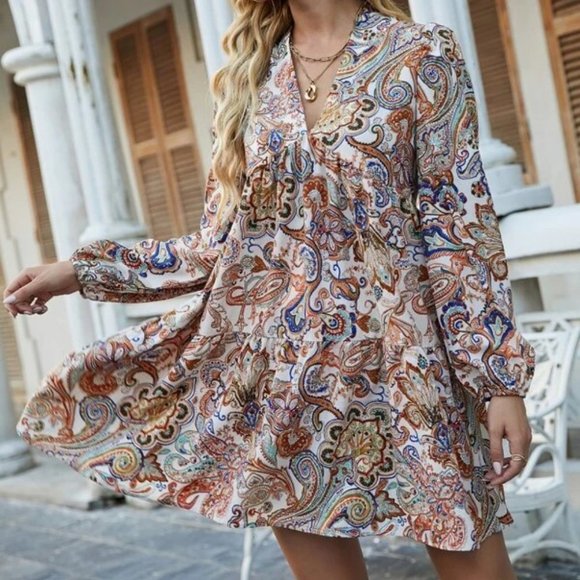 Paisley Print Long sleeved Ruffle Hem Smock Mini Dress